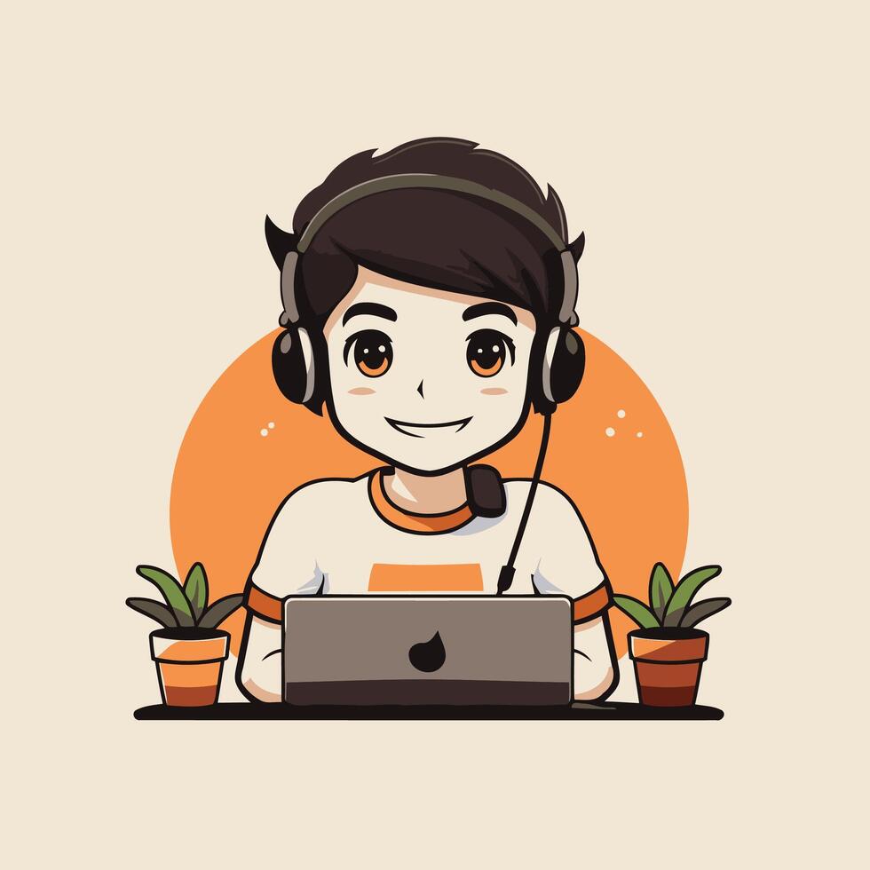 A cartoon boy with headphones and a laptop vector