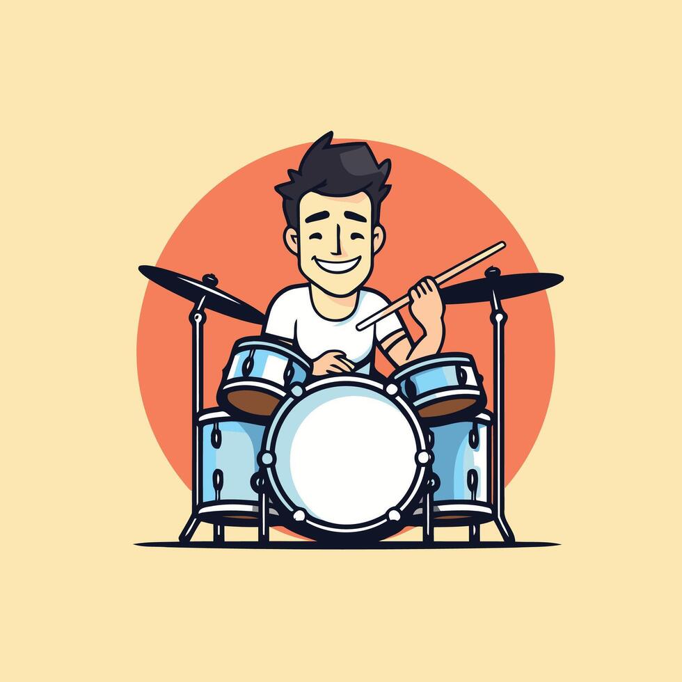 A cartoon drummer playing drums on a yellow background vector