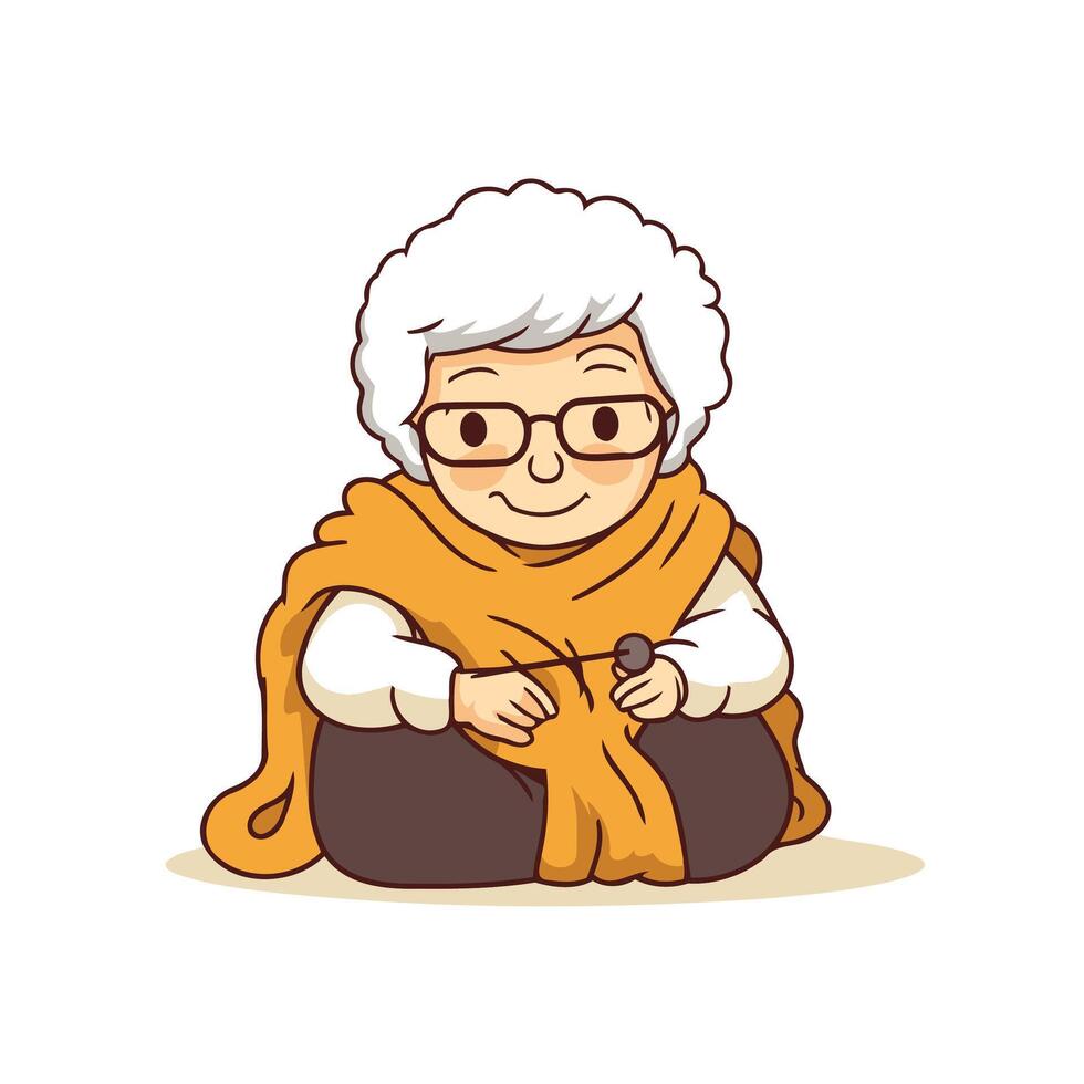 An old woman sitting with a knitting needle vector