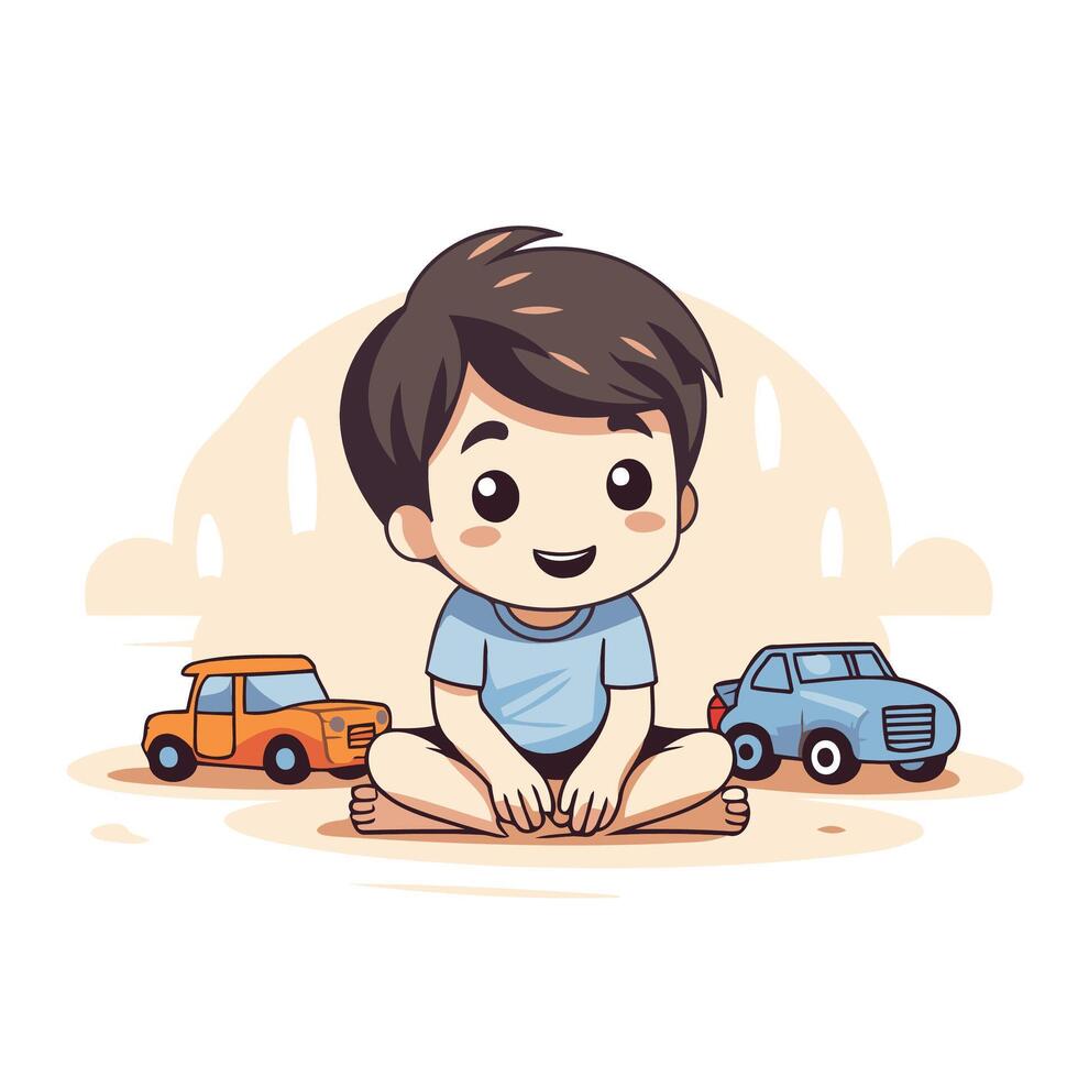 Cartoon boy sitting on the ground with cars vector