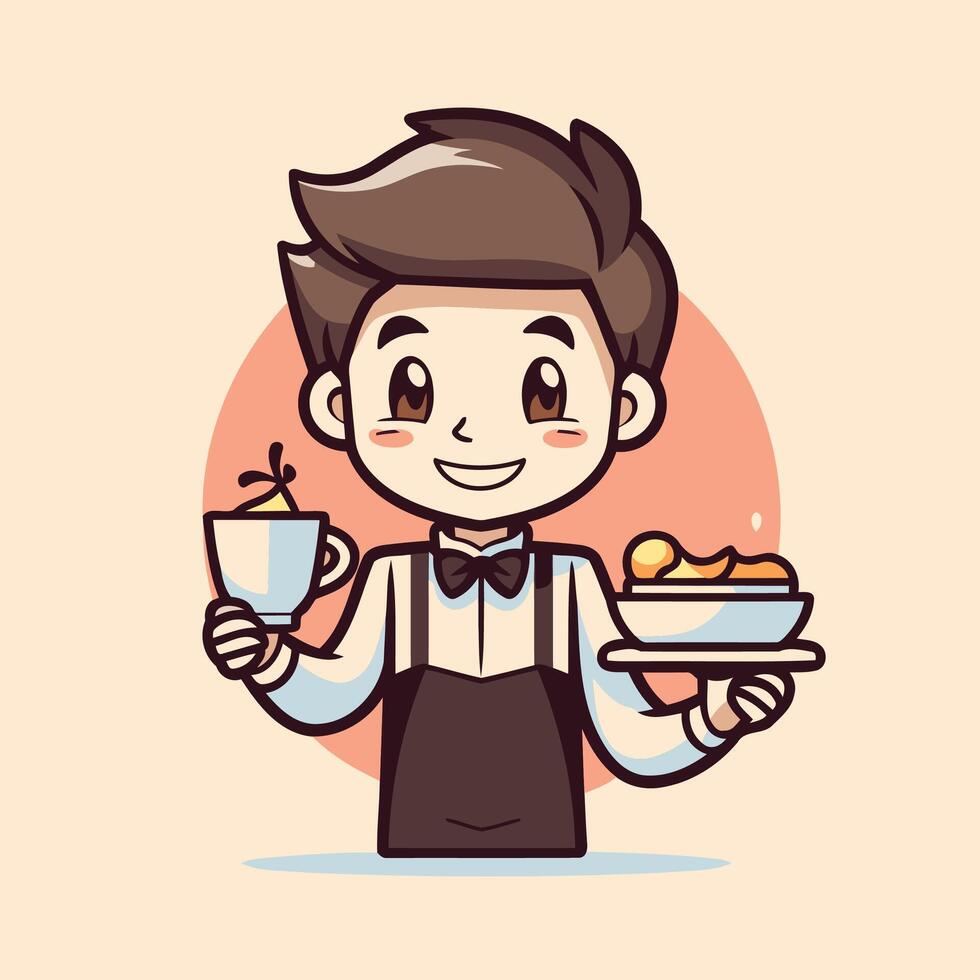 A cartoon waiter holding a tray with food vector