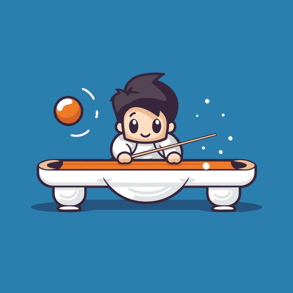 A cartoon boy playing billiards on a table vector