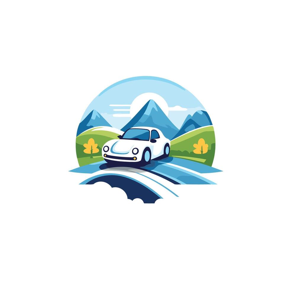 A car driving on the road with mountains in the background vector