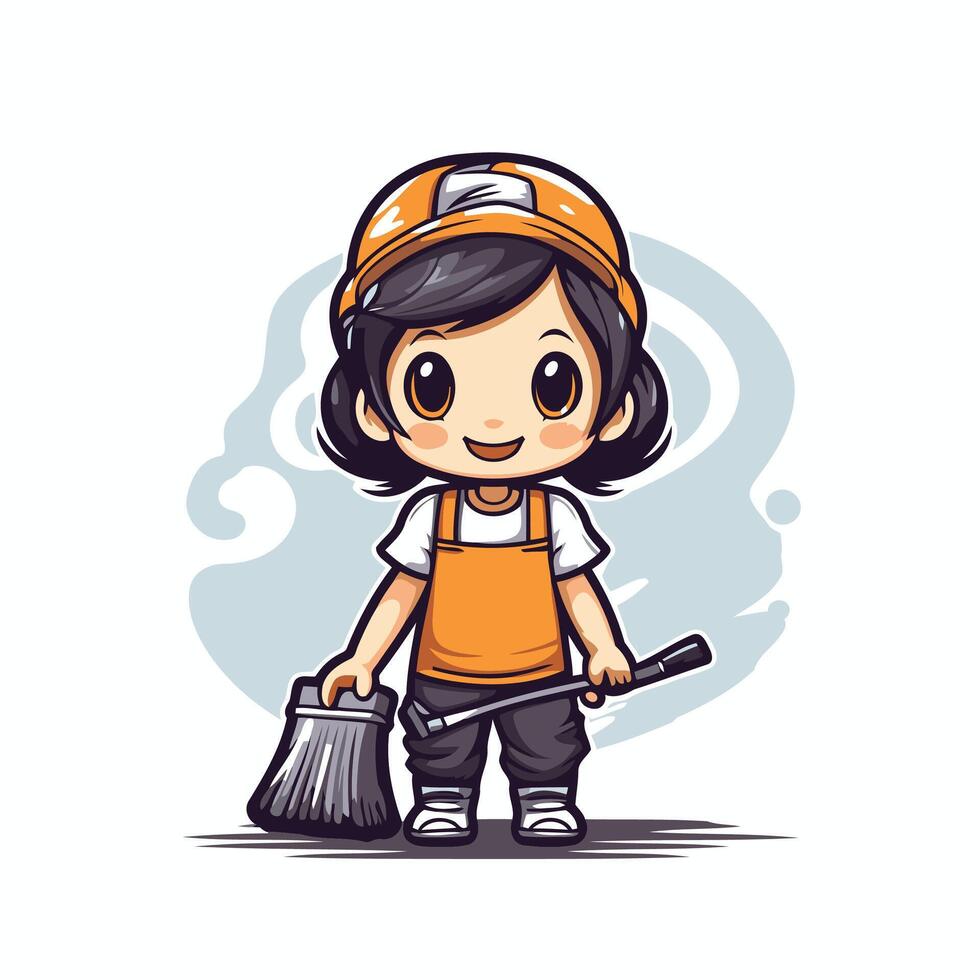 A cartoon character with a broom and a hat vector