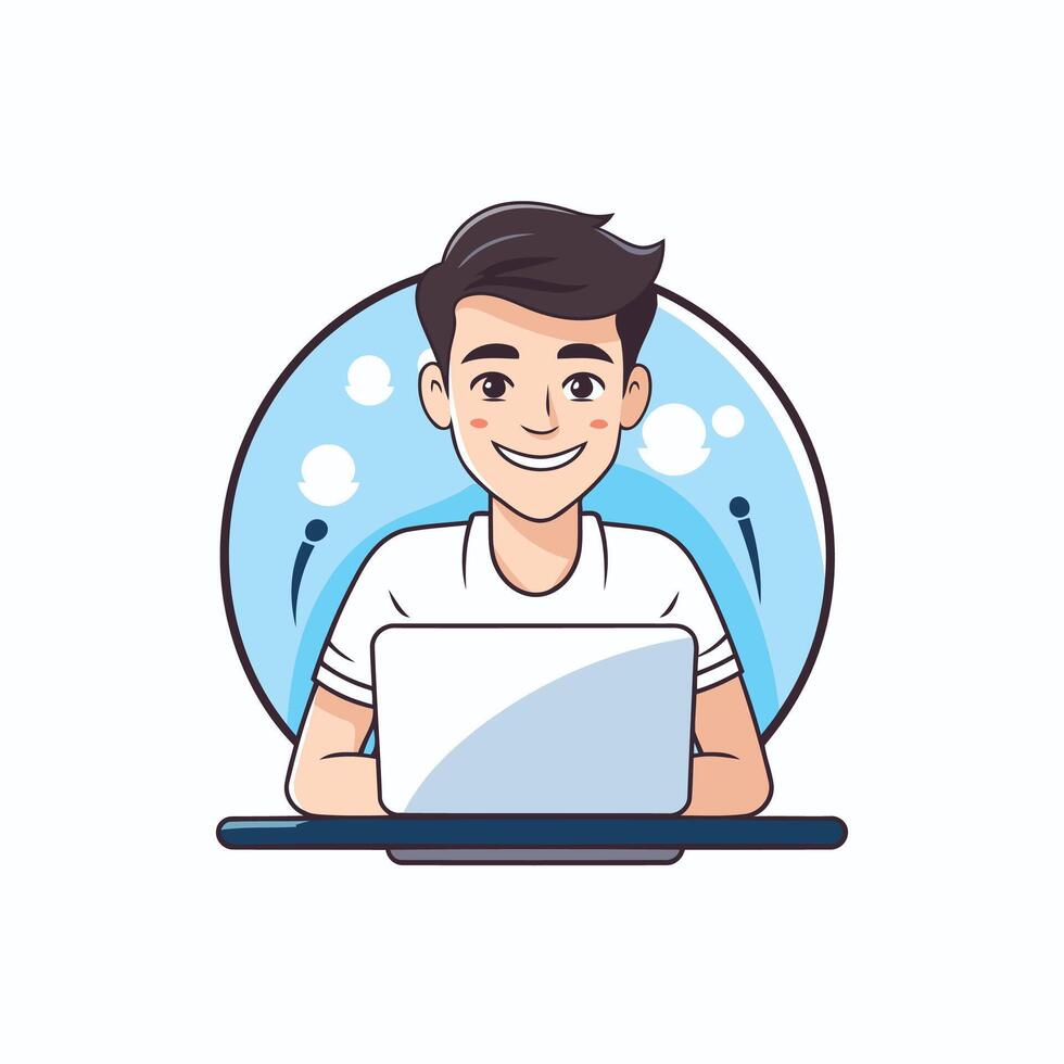 A man sitting at a table with a laptop vector