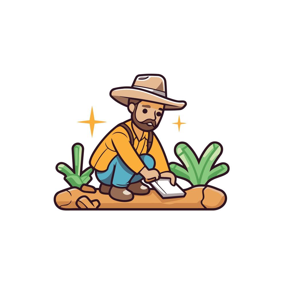 A man in a hat and hat is working on a piece of paper vector