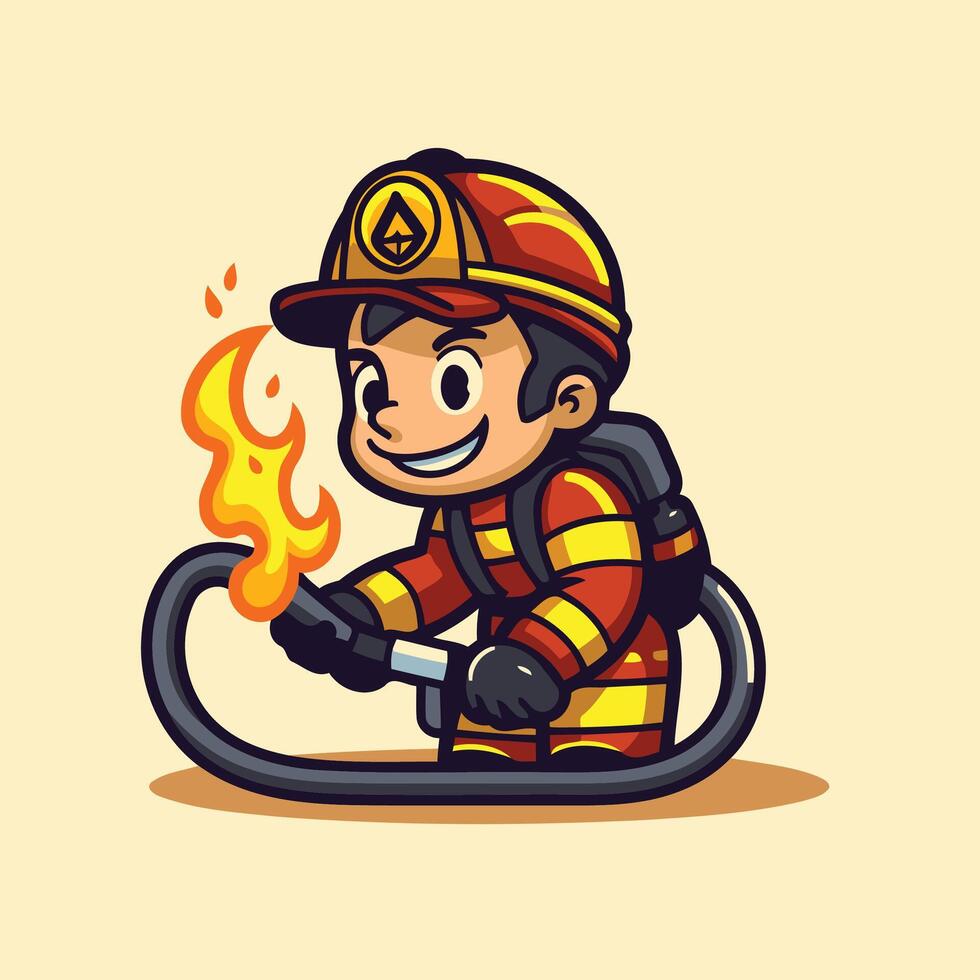 Cartoon fireman with hose and fire vector