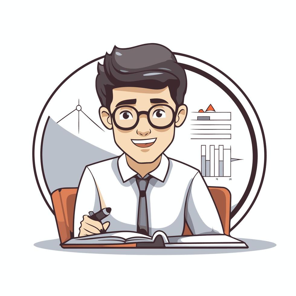 A man in glasses is sitting at a desk with a pen and paper vector