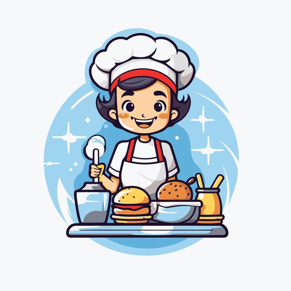 A cartoon chef with a hamburger and a bowl of ketchup vector