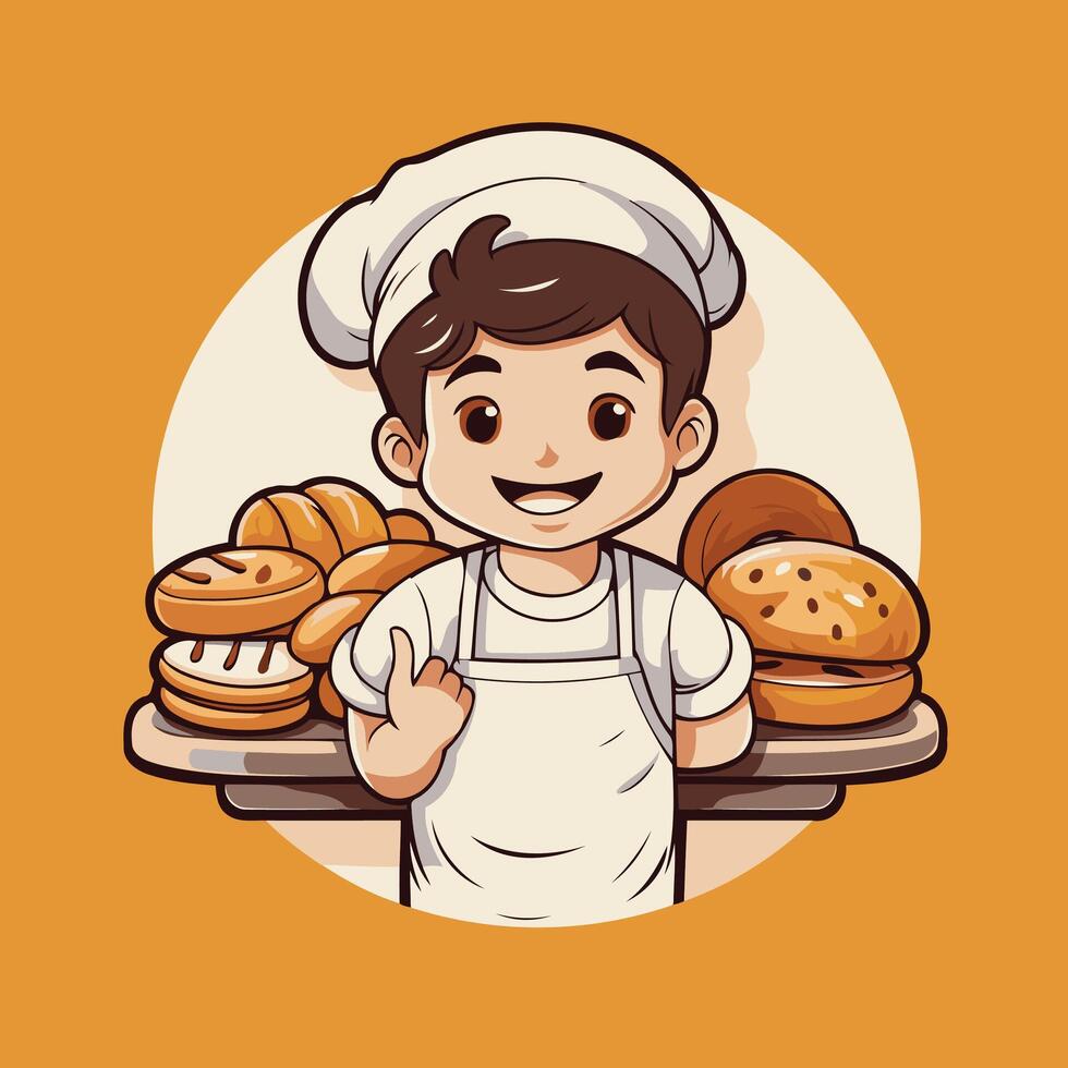 A cartoon boy in a chef's hat holding a tray of bread and pastries vector