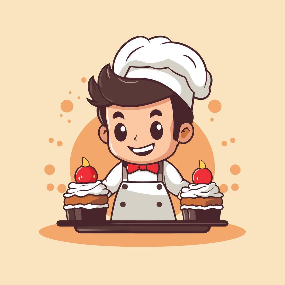 A cartoon chef holding a tray with cupcakes vector