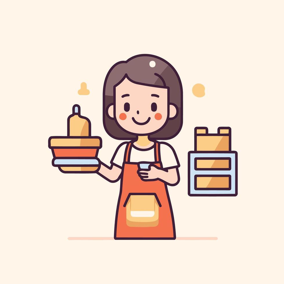 A woman holding a cake and a cupcake vector