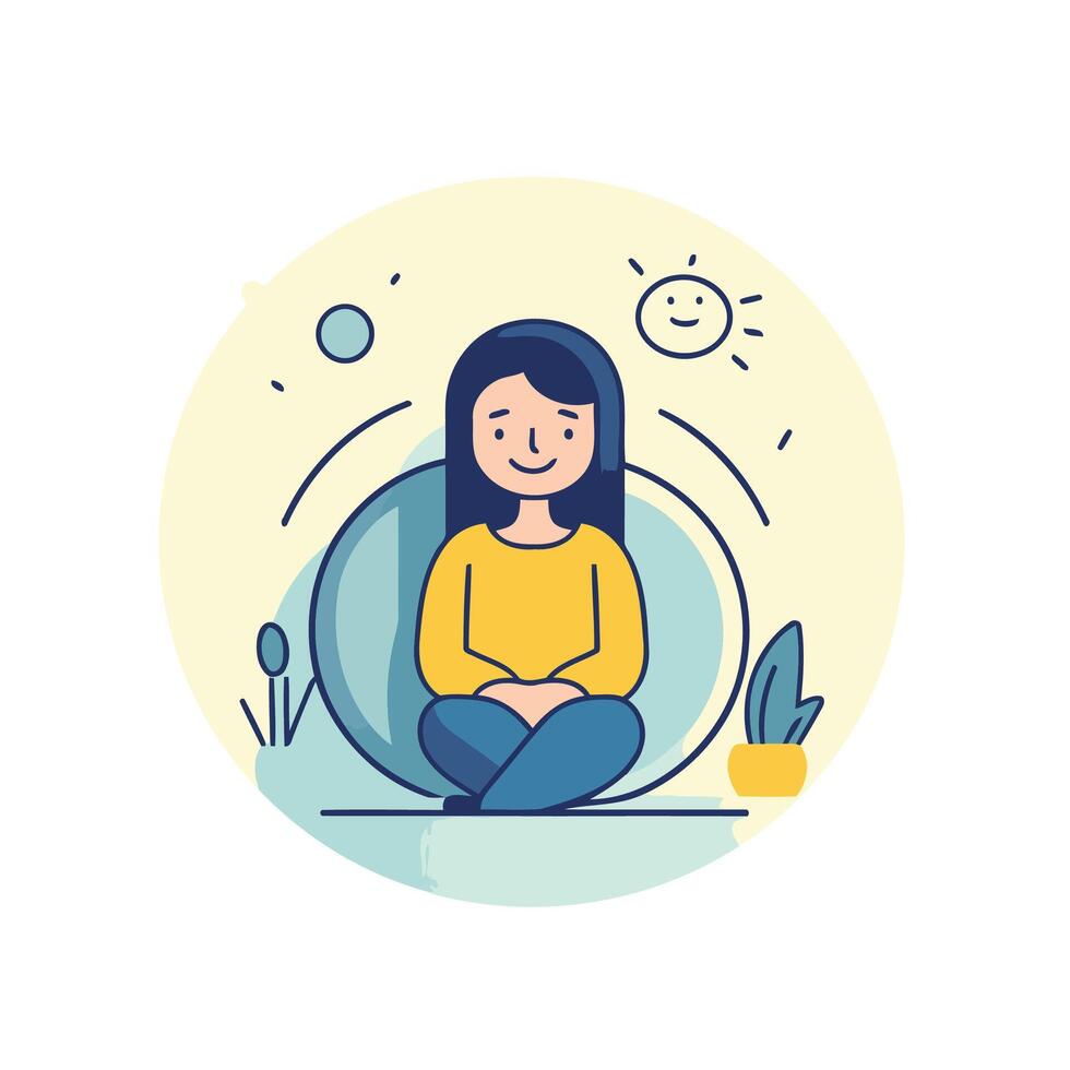 A woman sitting in a circle with a sun and plants vector