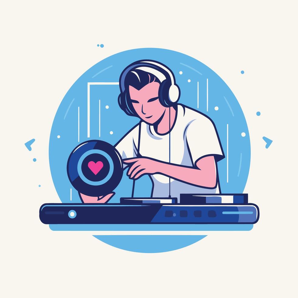 Dj mixing music with a heart on the turntable vector