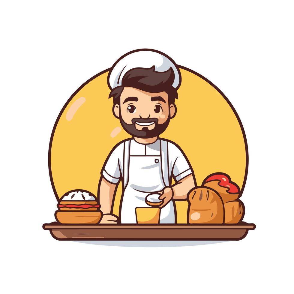 A man in a chef hat is holding a tray with bread and other food vector