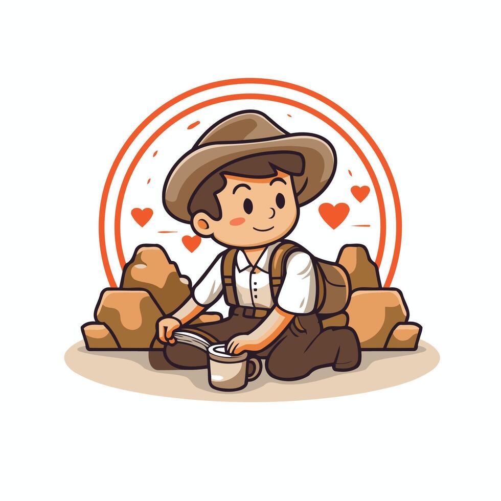 A boy in a hat sitting on a rock with hearts vector
