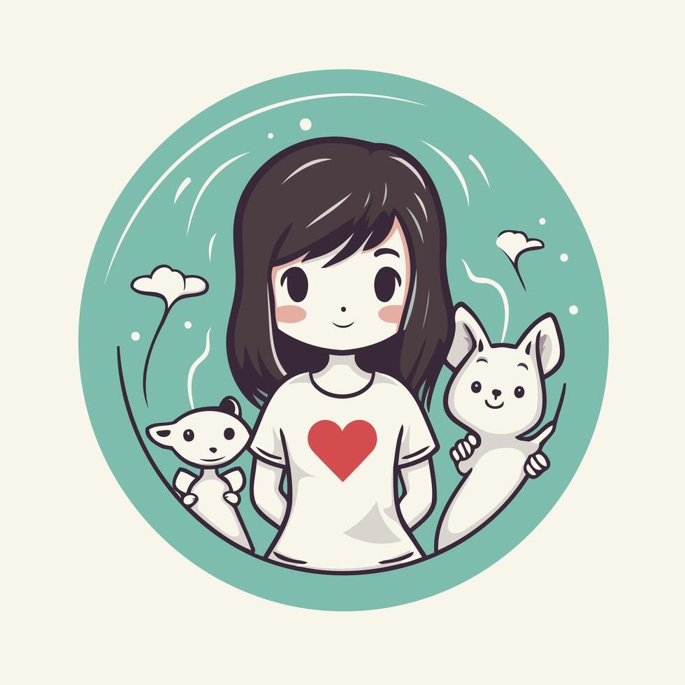 A girl with a heart on her shirt and two cats vector