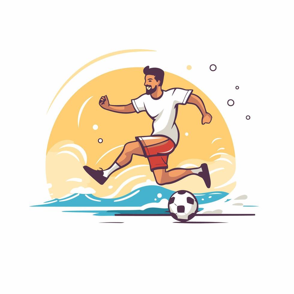 A man kicking a soccer ball on the beach vector