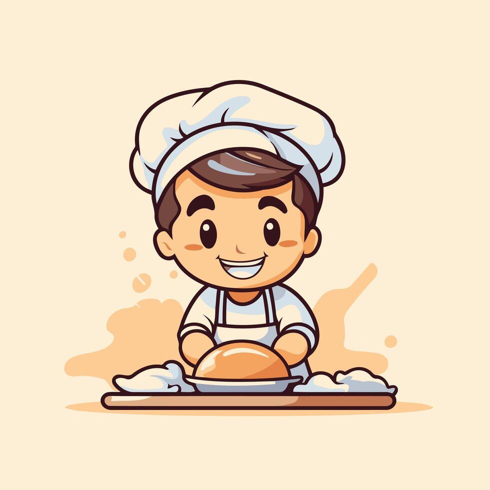 A cartoon chef is making bread on a table vector