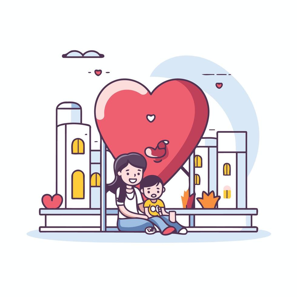 A woman and child sitting on a bench with a heart vector