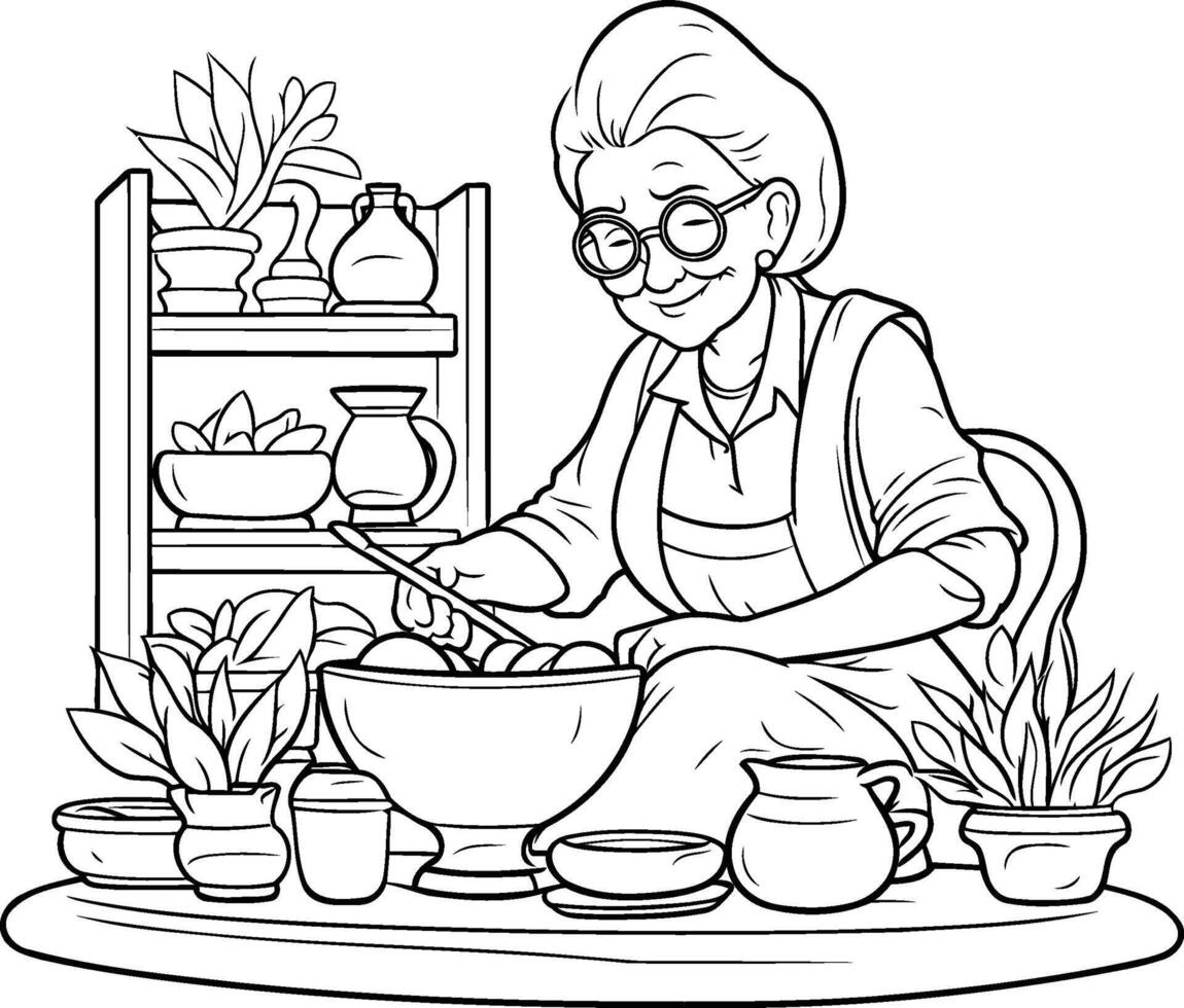 An old woman is cooking in the kitchen coloring page vector