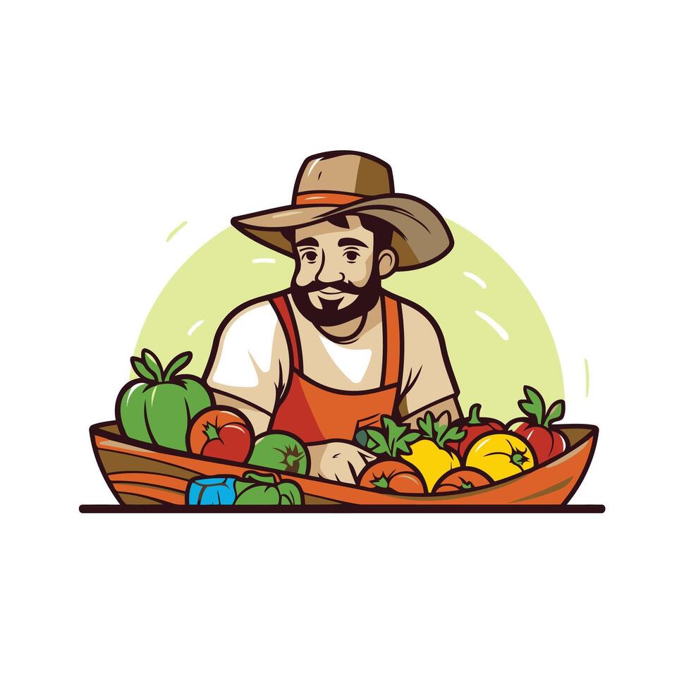 A man with a hat and a basket of vegetables vector