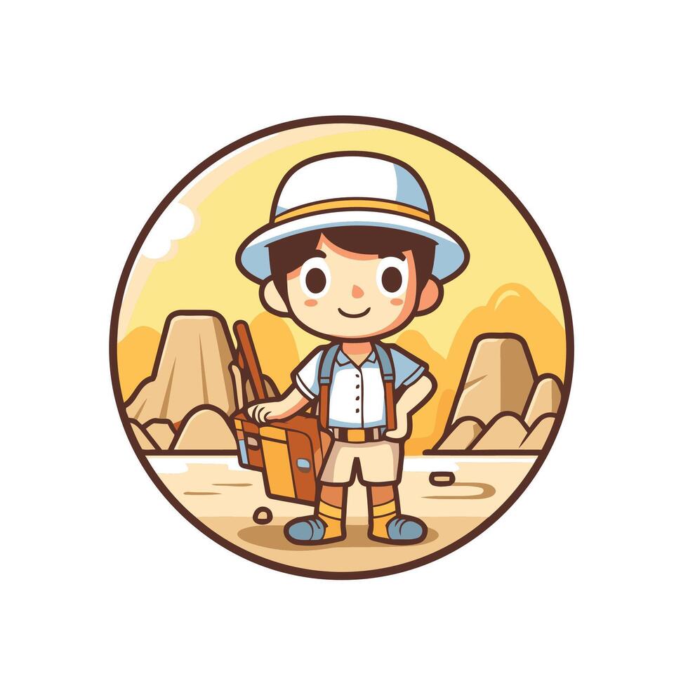 A cartoon character with a hat and backpack vector