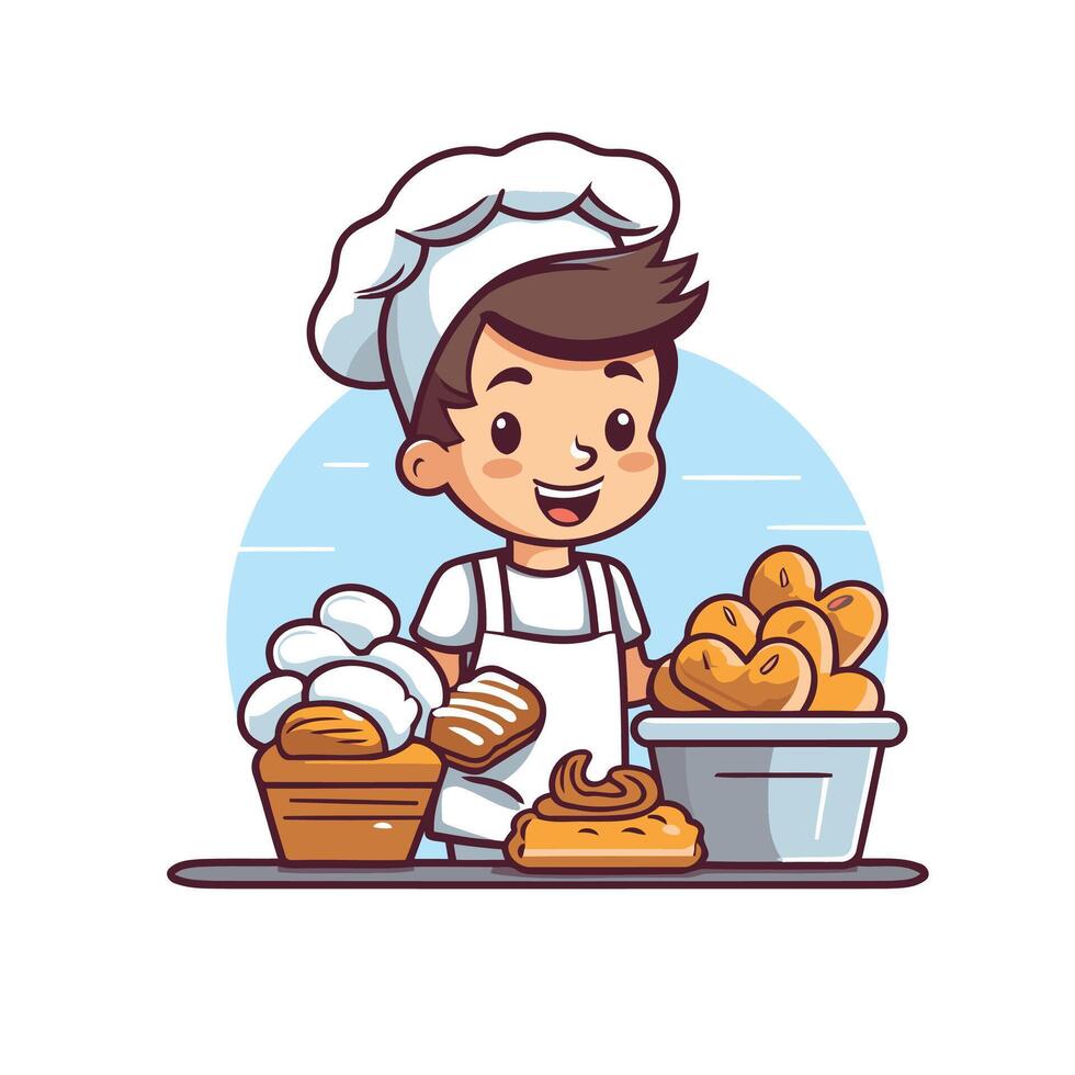 A cartoon baker with a pastry in front of him vector