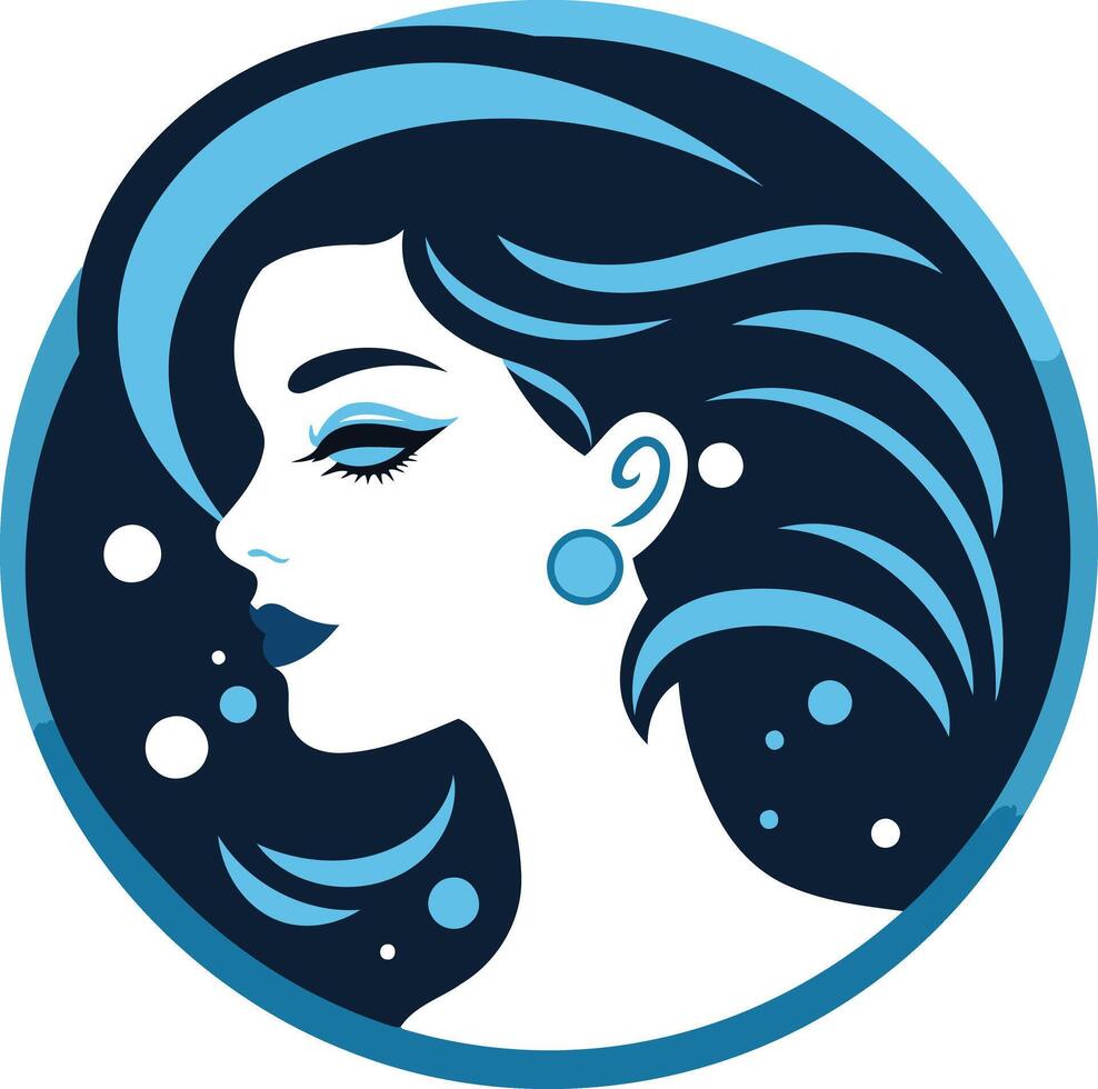 A woman with blue eyes and long hair is in the center of a blue circle vector