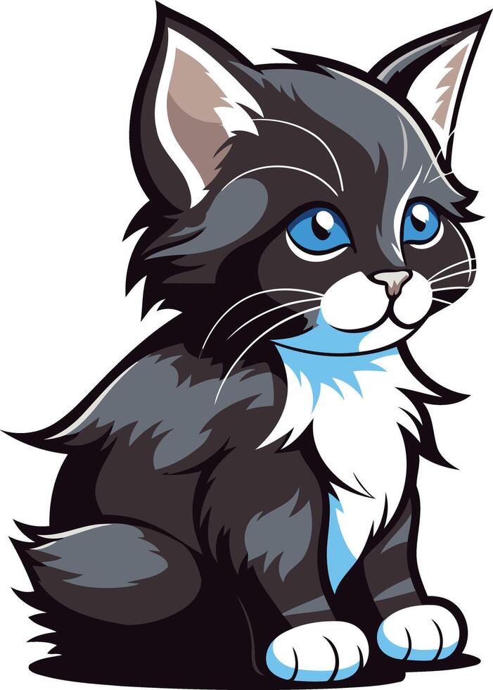 A cartoon black and white kitten with blue eyes vector