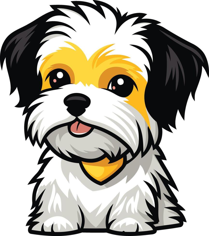 A cartoon dog with a yellow collar and black and white fur vector