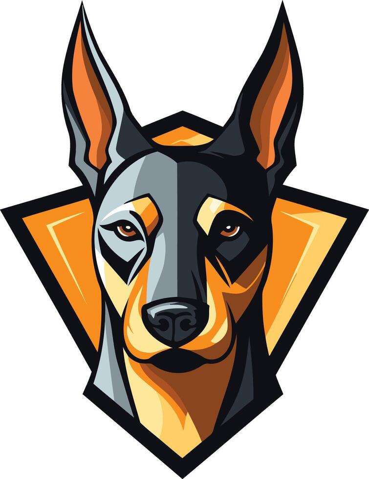 A doberman dog head in the shape of an orange triangle vector