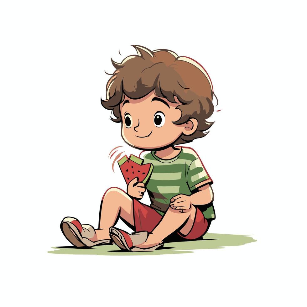 A cartoon boy sitting down with a strawberry vector