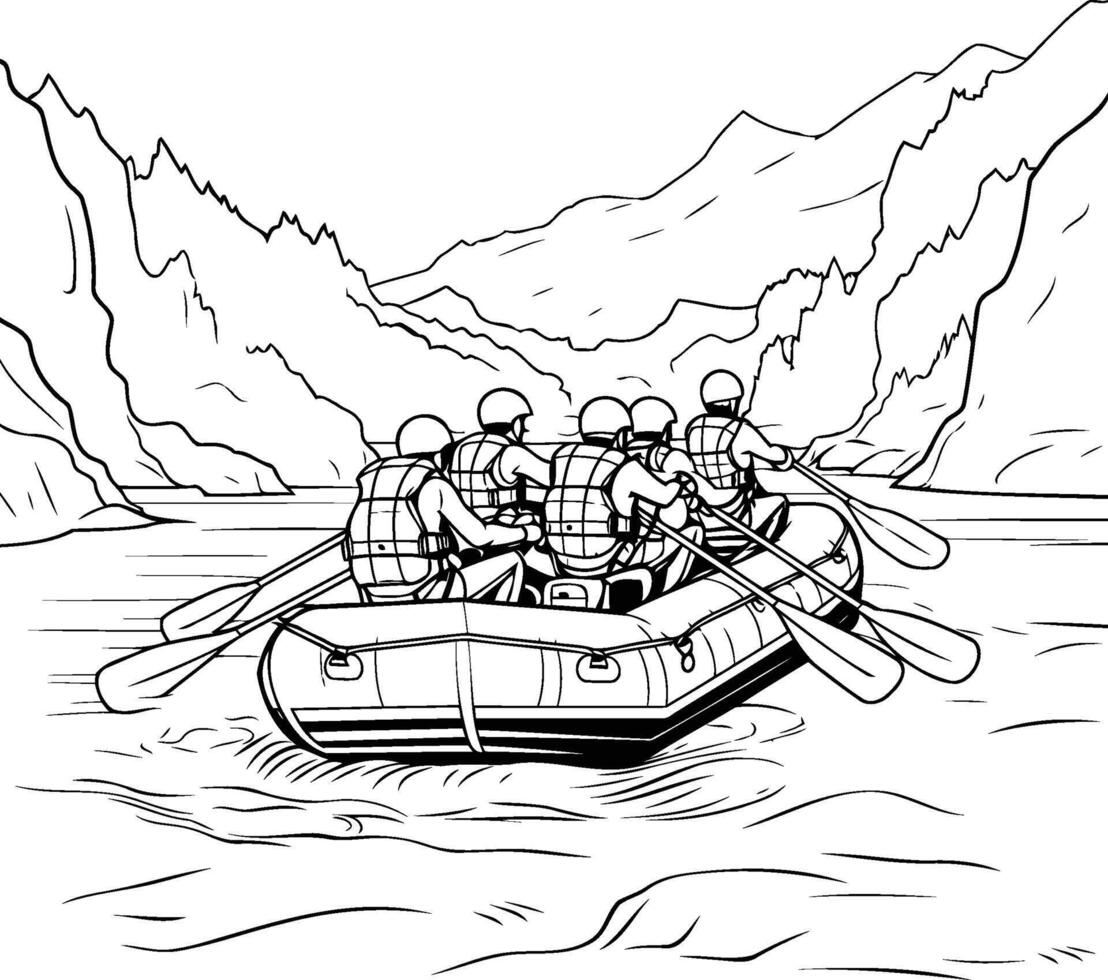 A coloring page with a raft on the river vector