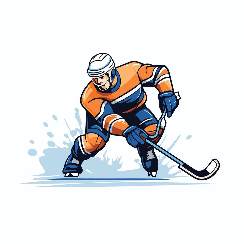 Hockey player in orange jersey and blue helmet with stick vector