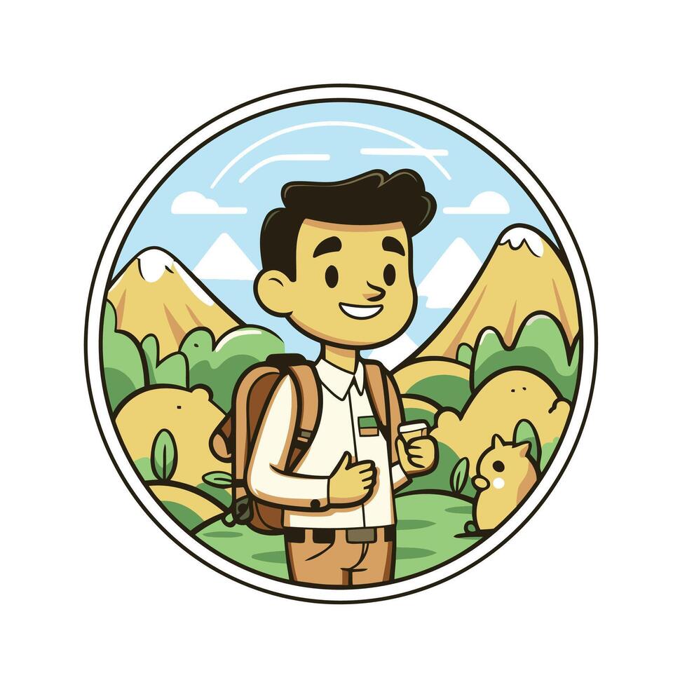 A cartoon man with a backpack and a mountain in the background vector