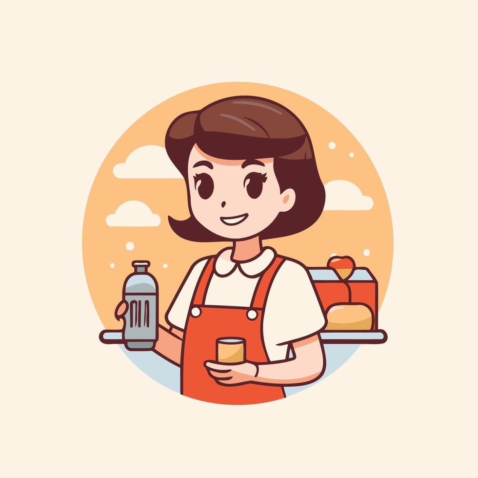 A woman holding a bottle of water and a sandwich vector