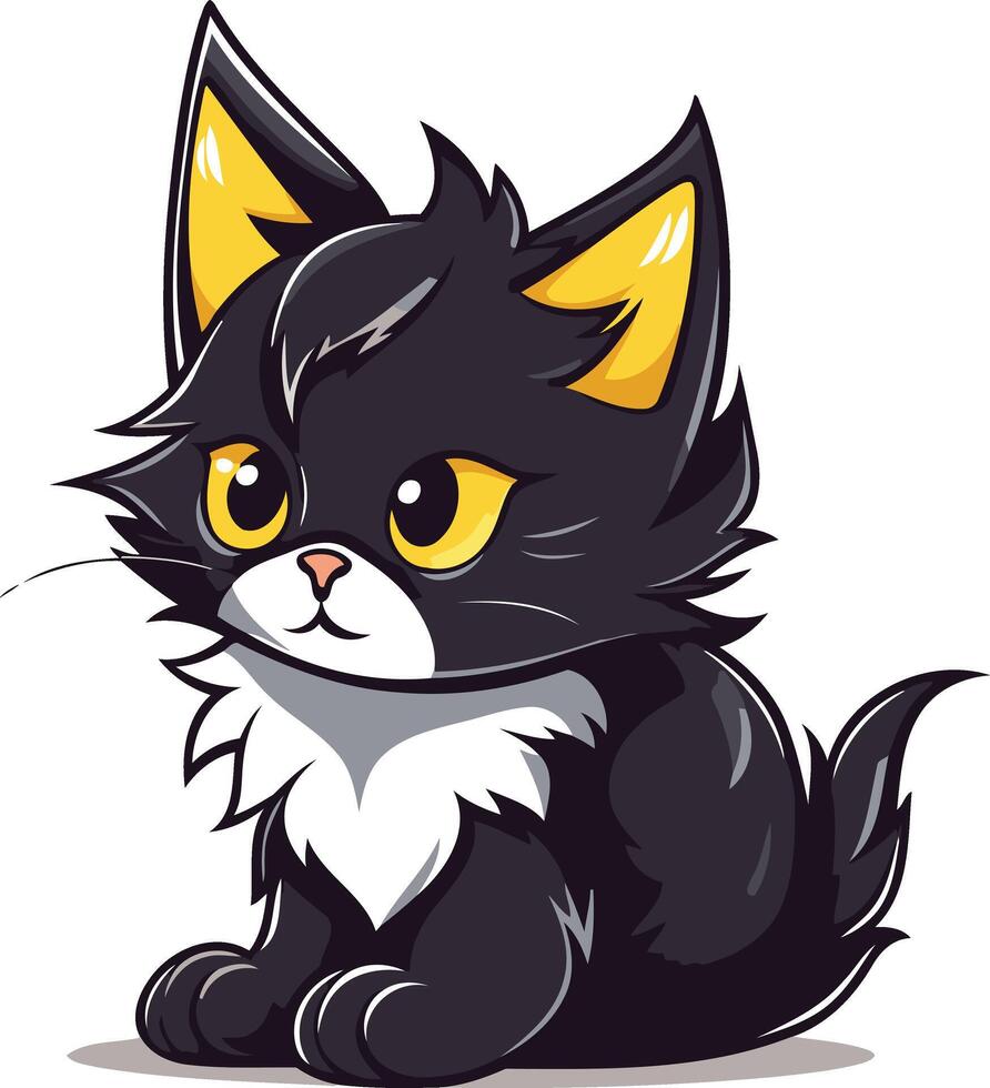 A cartoon black and white cat with yellow eyes vector