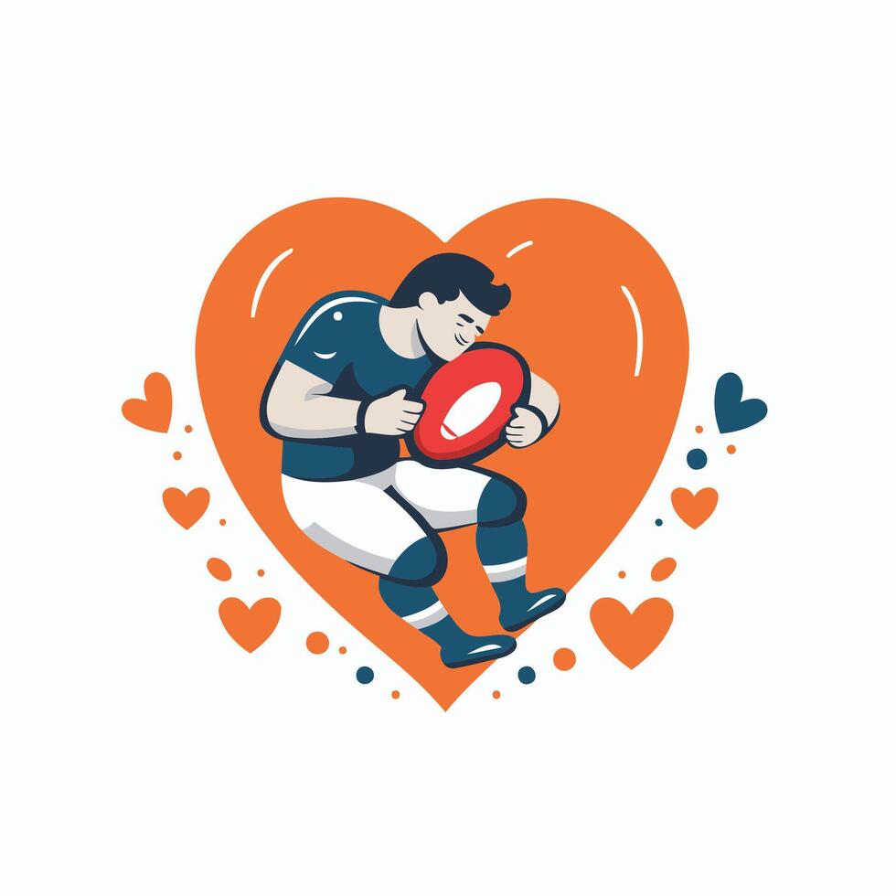 Rugby player in heart shape with red and orange hearts vector