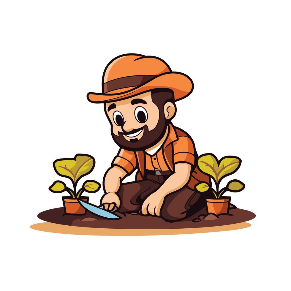 A cartoon man with a hat and beard is sitting in the dirt with a plant vector