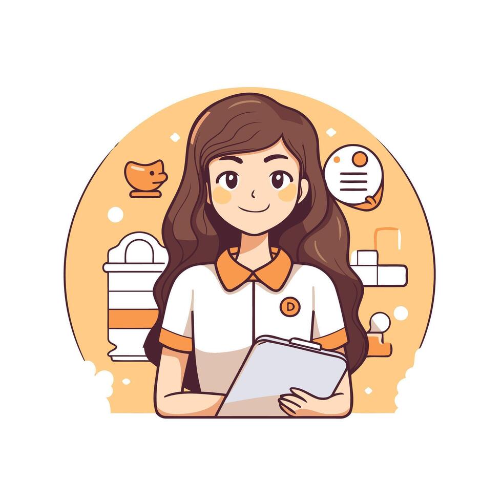 A woman in an orange shirt holding a clipboard vector