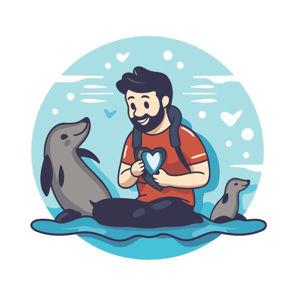 A man with a heart on his back is holding a dolphin vector