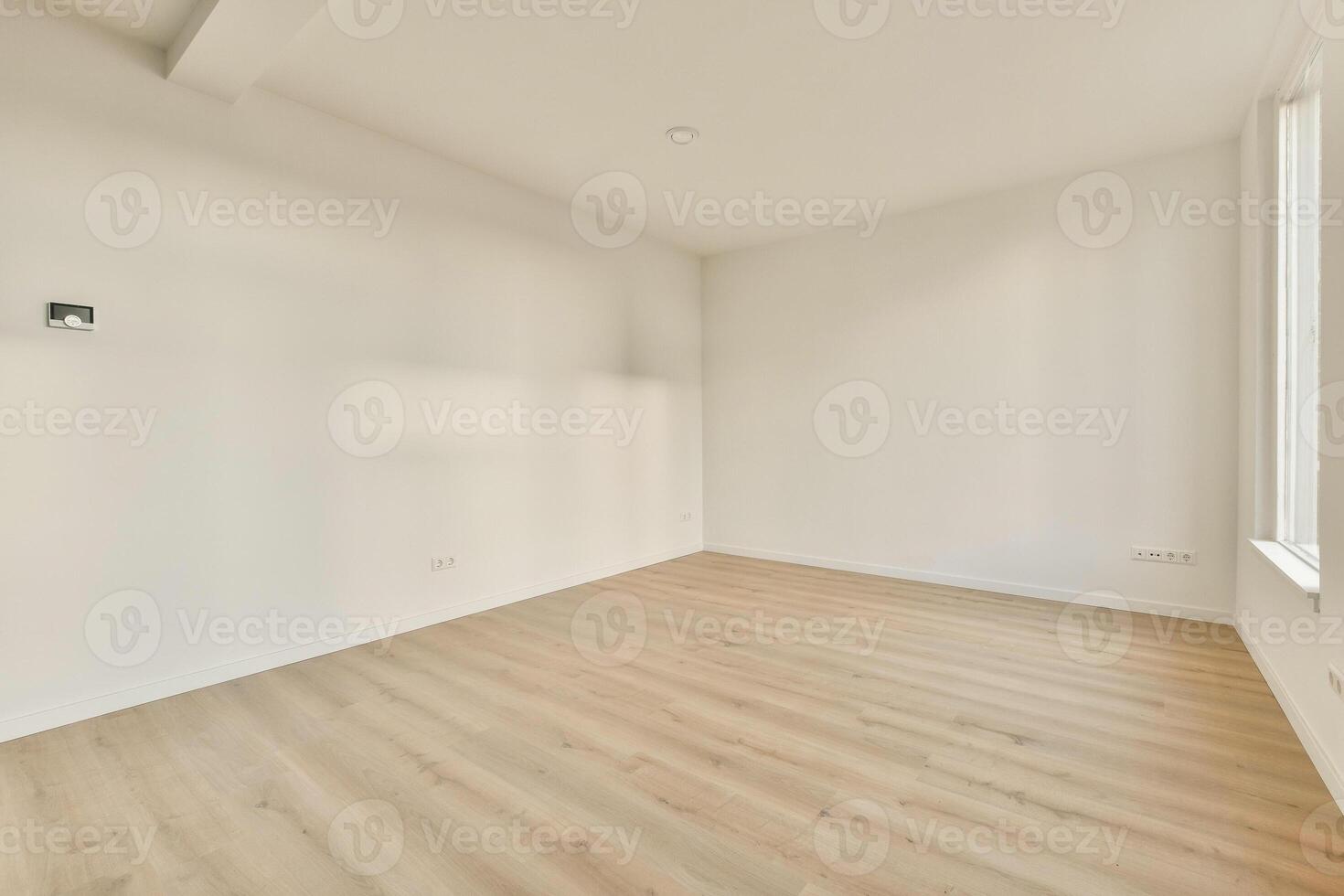 Empty room with white walls and wooden floors photo