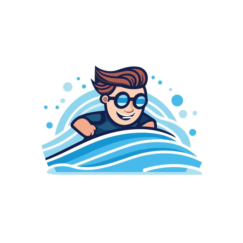 A cartoon man in goggles riding a wave vector