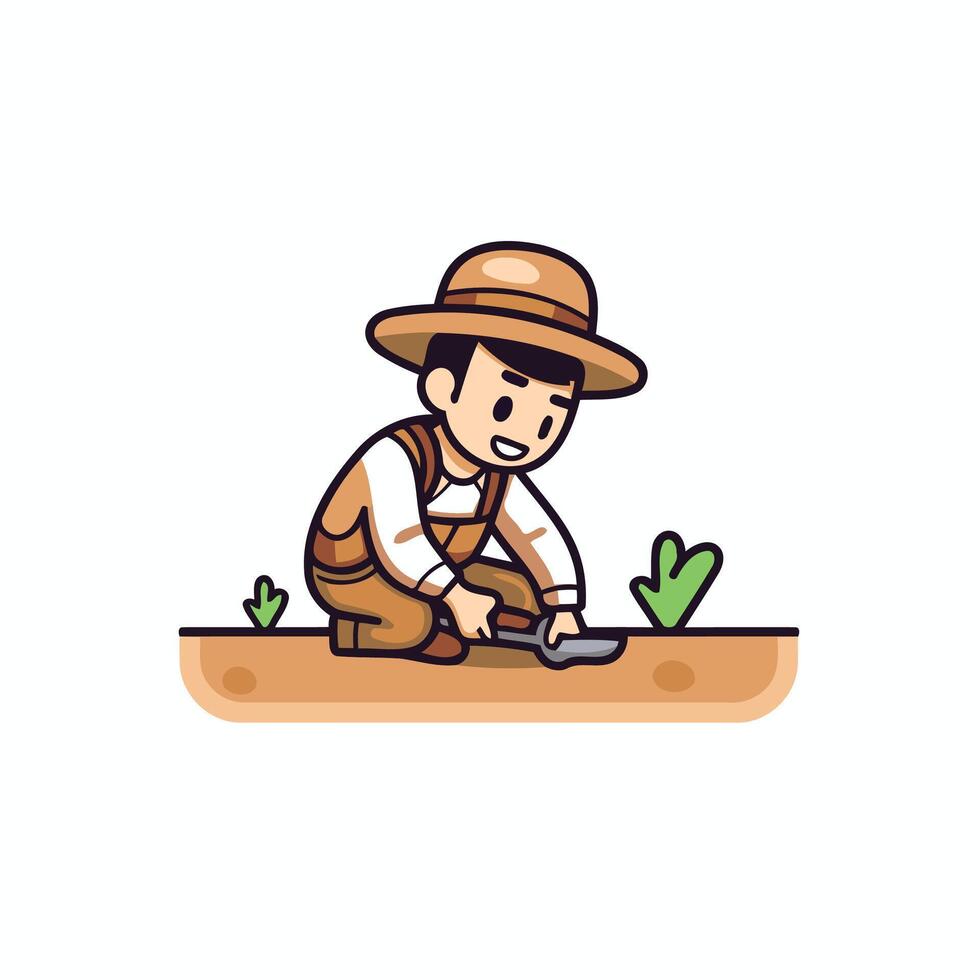 A man in a hat and overalls is digging in the ground vector