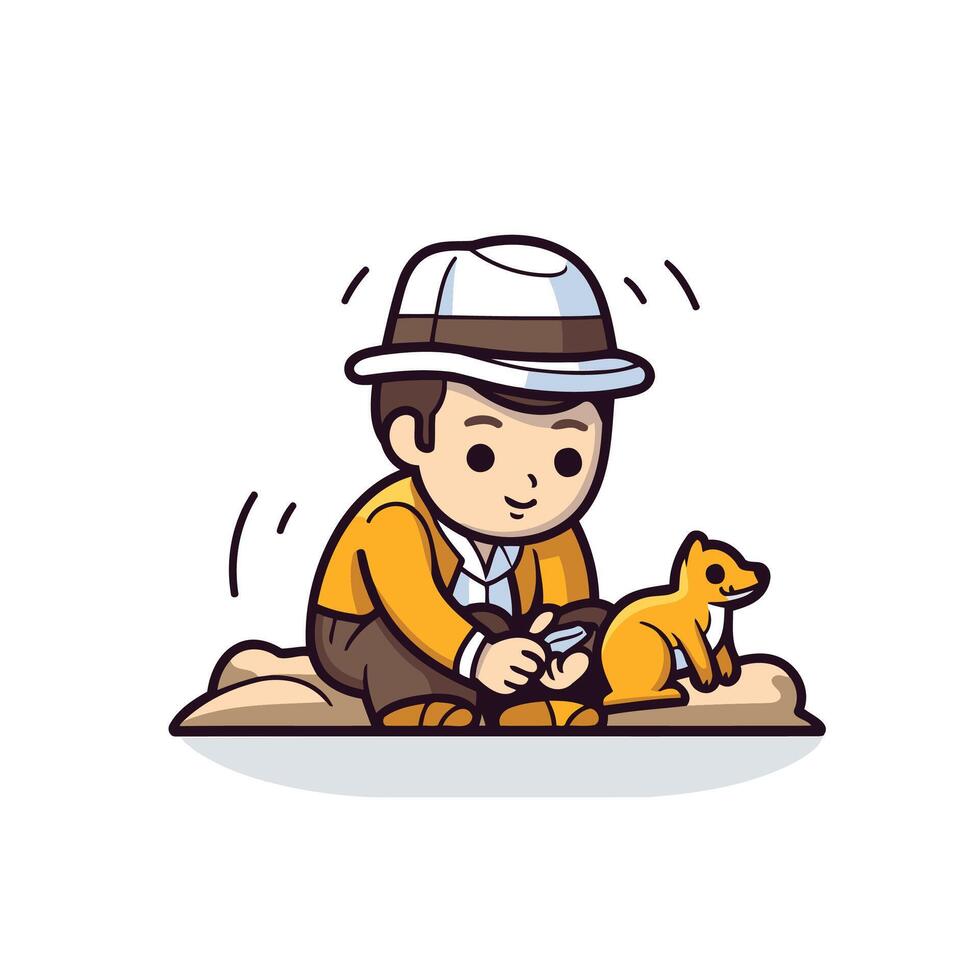 A man in a hat and hat sitting on the ground with a dog vector