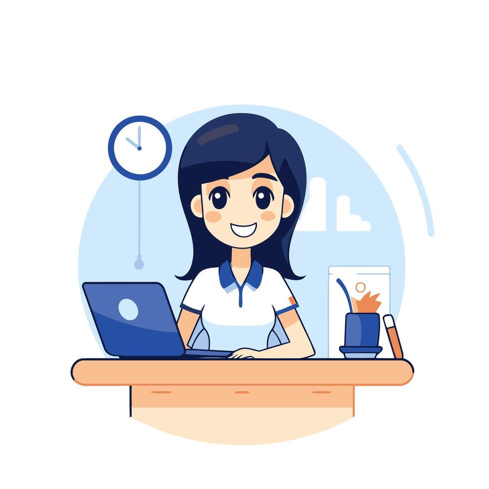 A woman sitting at a desk with a laptop vector