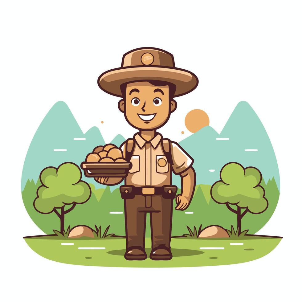 A cartoon character of a man in a hat holding a basket of apples vector