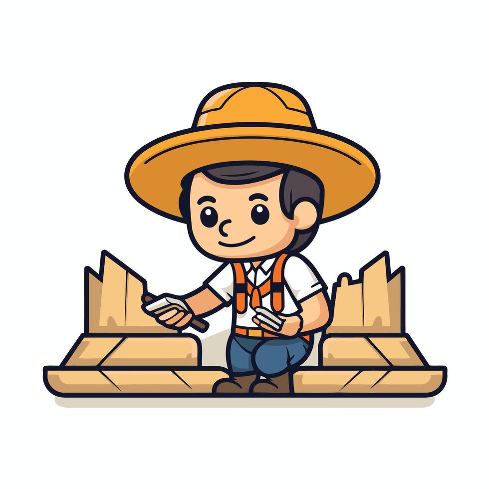 A cartoon man in a hat and vest sitting on a pile of bricks vector