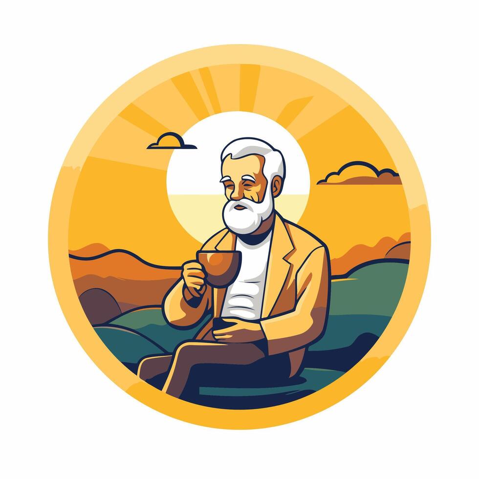 A man with a beard sitting on a chair with a cup of tea vector